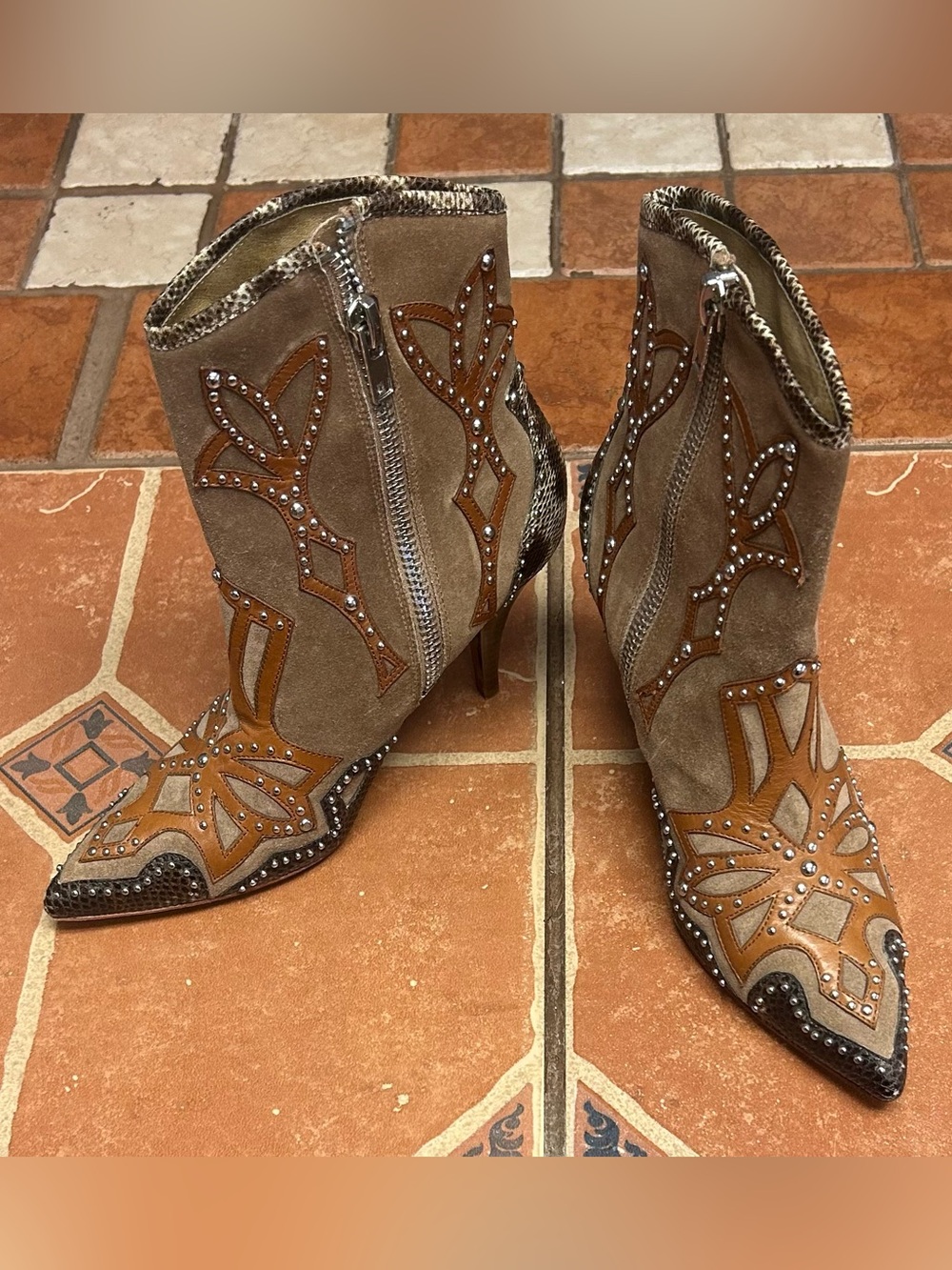 Donald Pliner Women's Taupe Suede Ankle Boots with Brown Leather Accents